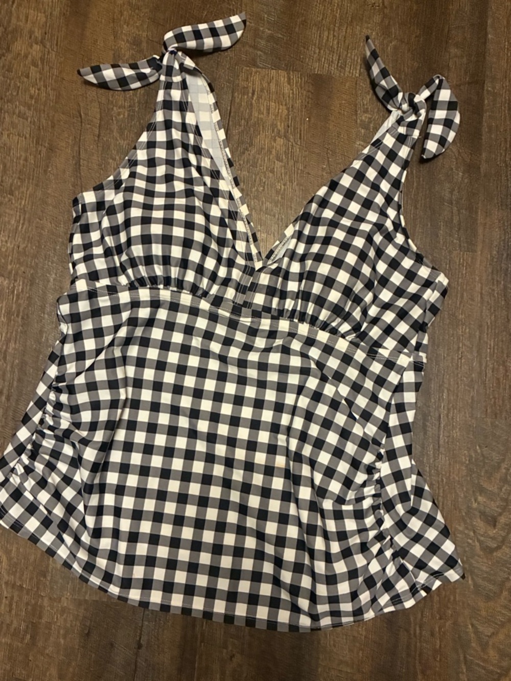 Kona Sol Tankini Swim Top 16W Black White Gingham Tie Strap Ruched Plus Size